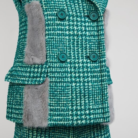 Prada Fall 2015 Green Tweed Ensemble Pants Vest with Mink Fur Accents IT 42 US 6 - Picture 5 of 16